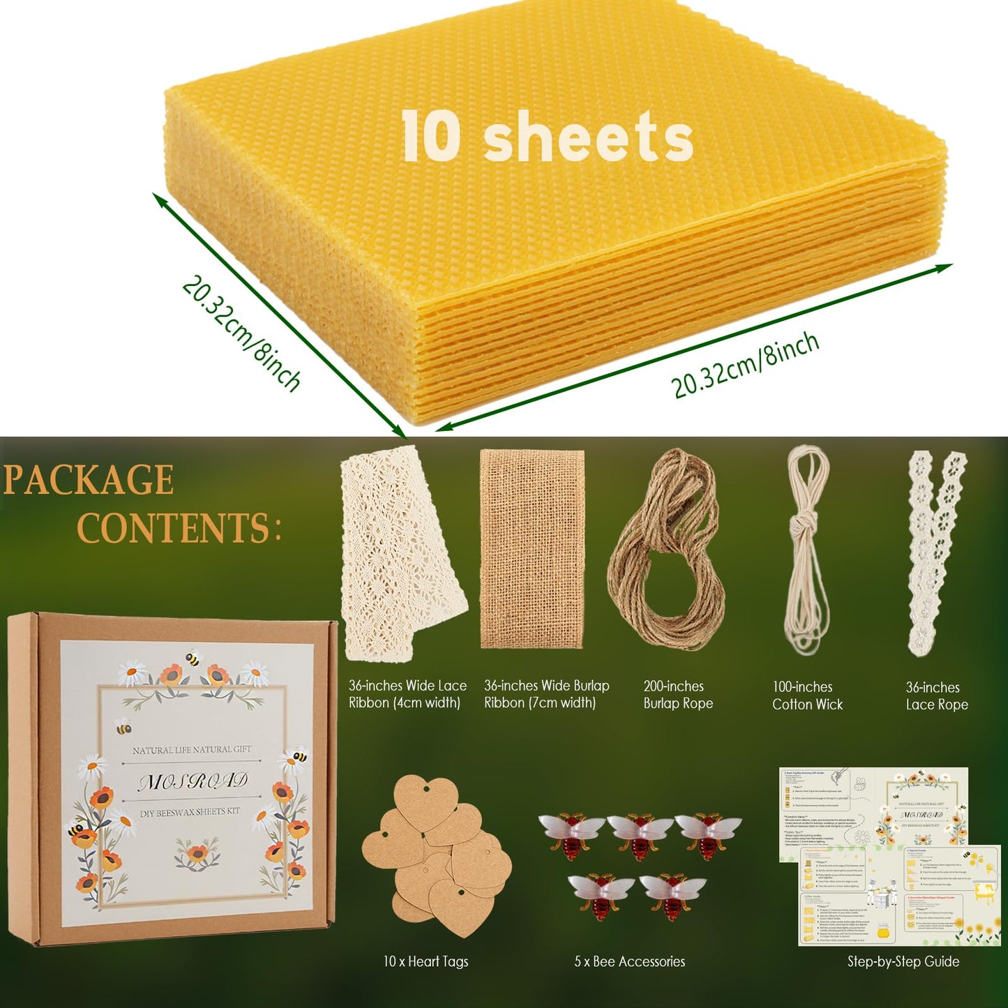MOSROAD Beeswax Sheets for Candle Making, 30Pcs DIY Beeswax Candles Rolling Kit for Kids & Adults, Natural Honeycomb Sheets (8 x 8 Inch) with Cotton Wick, Bee Ornaments, Lace Ribbon and Hemp Rope
