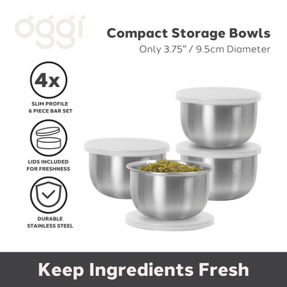OGGI Set of 4 Stainless Pinch Bowls - 4 fl oz with Lids, Ideal Salt & Pepper Bowls, Mini Storage Bowls, White Lid