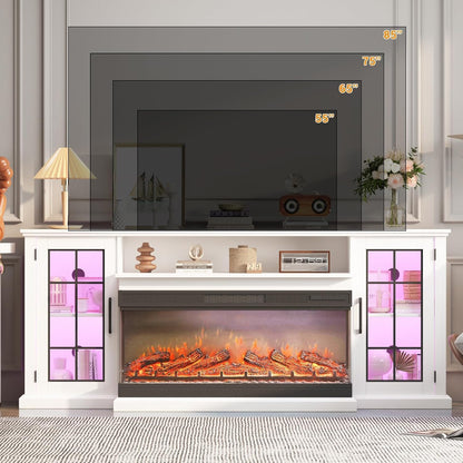 GAOMON 75" TV Stand & 40" 3 Sided Glass Electric Fireplace, 12 Colors LED Lights Flame, 750W/1500W for Max 85" TVs, 2 Tier Storage 2 Door Glass Cabinet