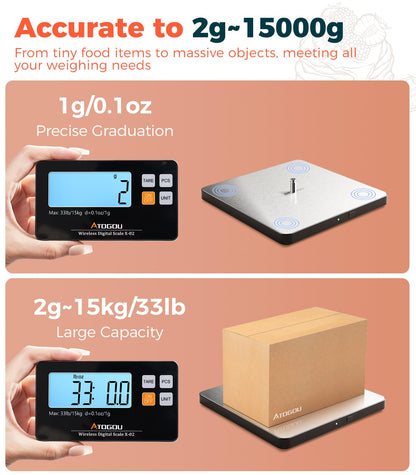 Atogou Upgraded Wireless Food Scale, 33lb/15kg Kitchen Scale with Detachable Display & Larger Platform, 0.1oz/1g, 9 Units, Counting Function, Stainless Steel, for Cooking, Baking, Shipping, Silver