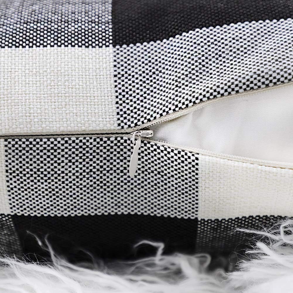 4TH Emotion Set of 2 Black and White Farmhouse Buffalo Check Plaid Throw Pillow Covers, 16 x 16 Inches
