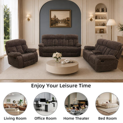 Trygoal Modern Recliner Sofa Set of 3, Cashmere Fleece Upholstered Living Room Set with Cup Holders & Storage, Ergonomic Reclining Couch with Coffee Table, Cozy Home Theater Seating, Brown