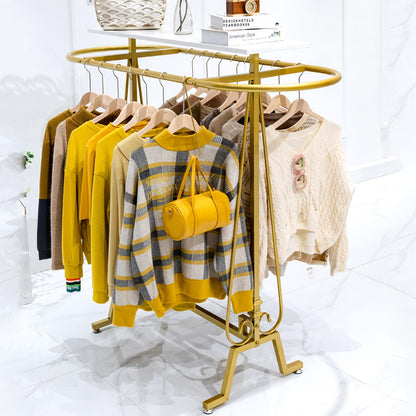SPTZQURY Round Clothing Rack, Commercial Floor Standing Clothes Hanging Rack, Oval Iron Clothing Hanging Rack, for Bedrooms Hanging Apparel, Boutiques Display, Laundry Room (Gold)