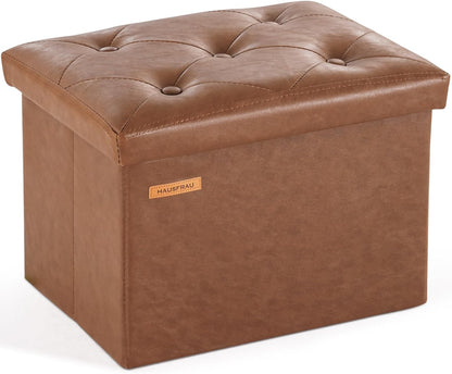 HAUSFRAU Storage Ottoman Foot Rest Stool, Small Folding Ottoman with Storage, Tufted Square Cube Footrest, Faux Leather
