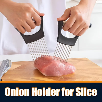 SafaWare onion holder for slicing with finger holder stainless steel onion slice holder finger protectors with bread knife, Stainless steel onion slice holder Lemon slicer vegetable cutter