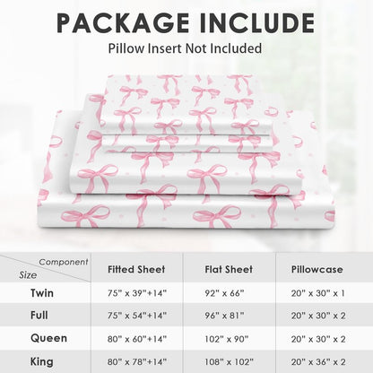 Zzzboro 4 Pcs Fitted Sheet Set Queen Size, Cute Coquette Pink Bow Bowknot, Bed Decor Sweet Themed Elegant Girly Baby Bedroom Sets Pillowcase Bedsheet Bedding Flat Sheet for Kids and Adults