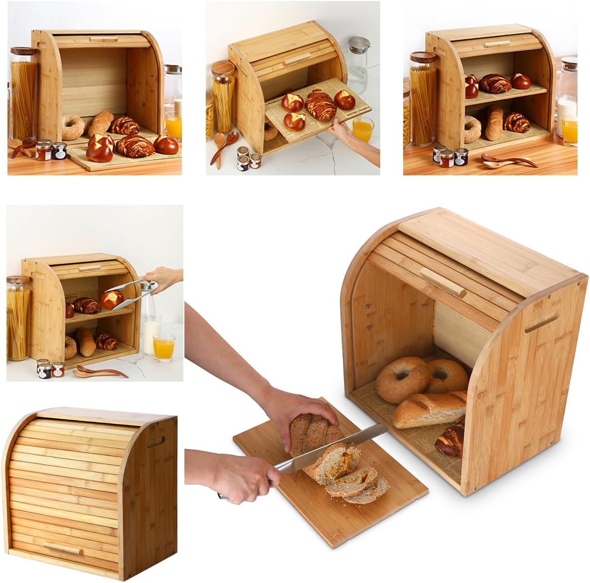 2 15" 9.8" 14.2", 15 mm G.a HOMEFAVOR Bread Box, Layer Bamboo Bread Boxes for Kitchen Food Storage, Large Capacity