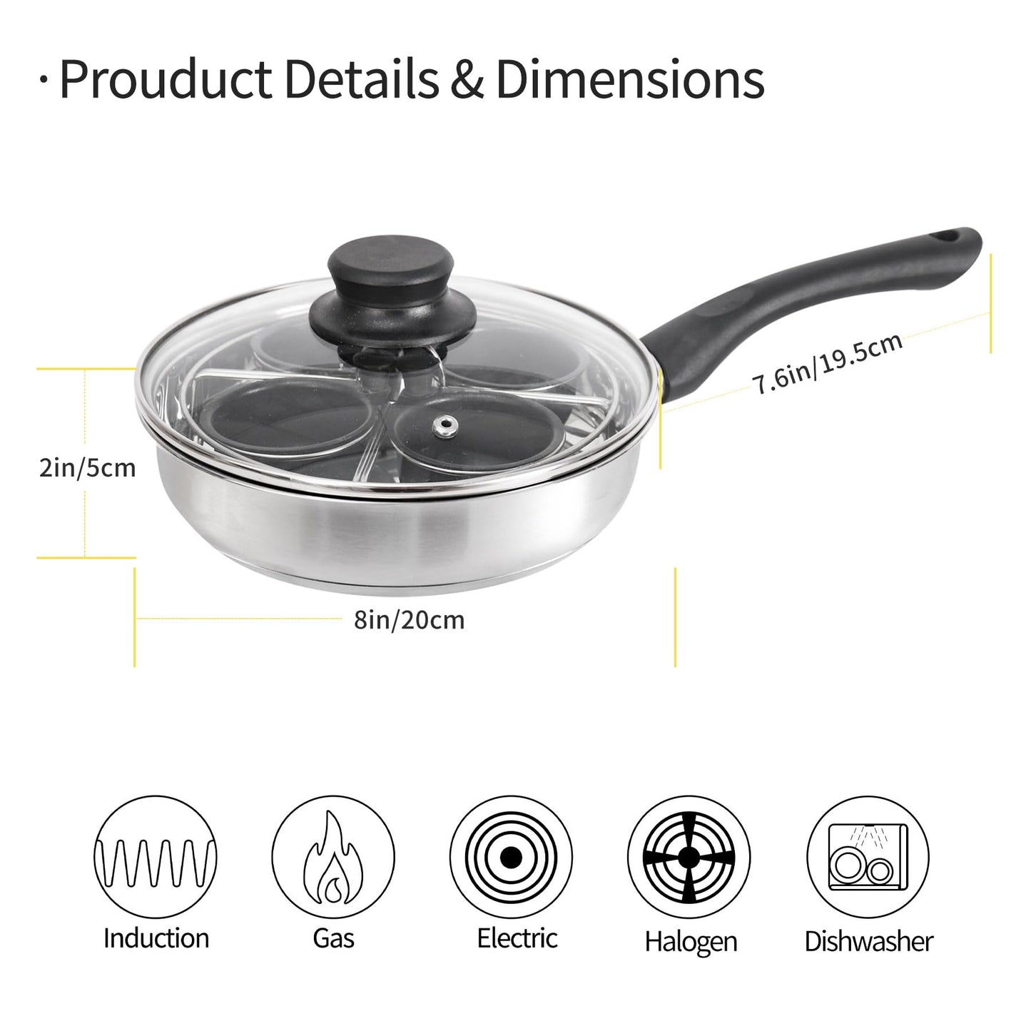 Fuexmotco Egg Poacher Pan, Stainless Steel Egg Poaching Pan for Benedict Breakfast Maker, Poached Egg Cookware with 4 Nonstick Large PFOA Free Egg Poacher Cups and Silicone Spatula