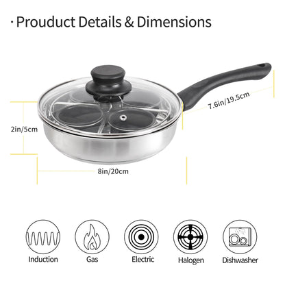 Fuexmotco Egg Poacher Pan, Stainless Steel Egg Poaching Pan for Benedict Breakfast Maker, Poached Egg Cookware with 4 Nonstick Large PFOA Free Egg Poacher Cups and Silicone Spatula
