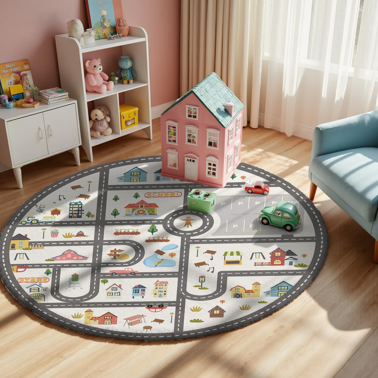 3.3ft Round Kids Town Road Car Play Rug - Non-Slip Faux Wool Carpet with Interactive City Map Design, Educational Toy