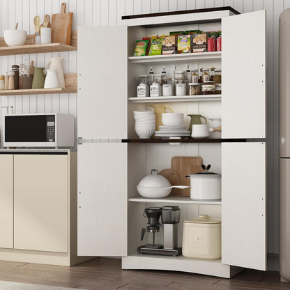 chartustriable 71in Farmhouse Kitchen Pantry Cabinet,Tall Storage Cabinet with 4 Doors and Adjustable shelves,with Load-Bearing Steel Pipe,Wood Storage Cabinets for Kitchen,Dining Room,Bathroom(White)