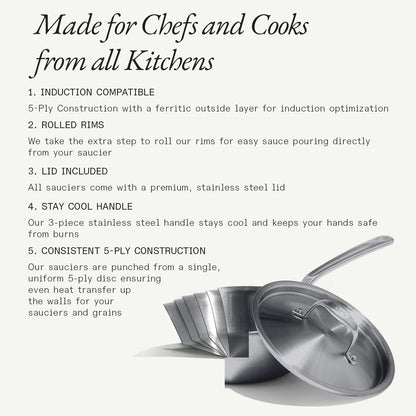 Made In Cookware | 2 Quart Stainless Steel Saucier Pan | 5 Ply Stainless Clad | Professional Cookware | Crafted in Italy | Induction Compatible