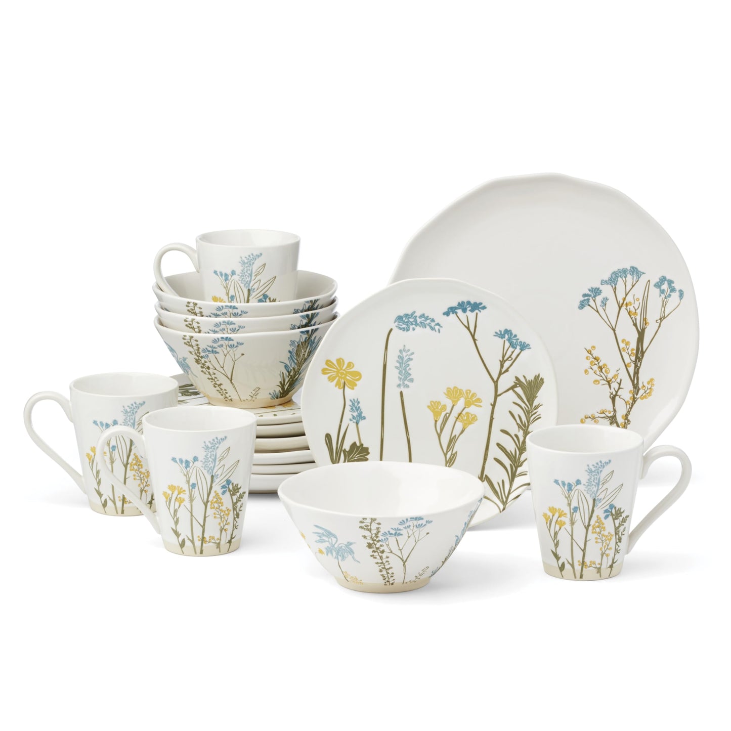 Lenox Dinnerware Sets, Wildflowers 16-Piece Dinnerware Set, Service For 4, Stoneware Material, Dishwasher Safe, Microwave Safe, Bowls, Plates And Bowls, Dinner Dishes, Includes Mugs (White, 16 Piece)