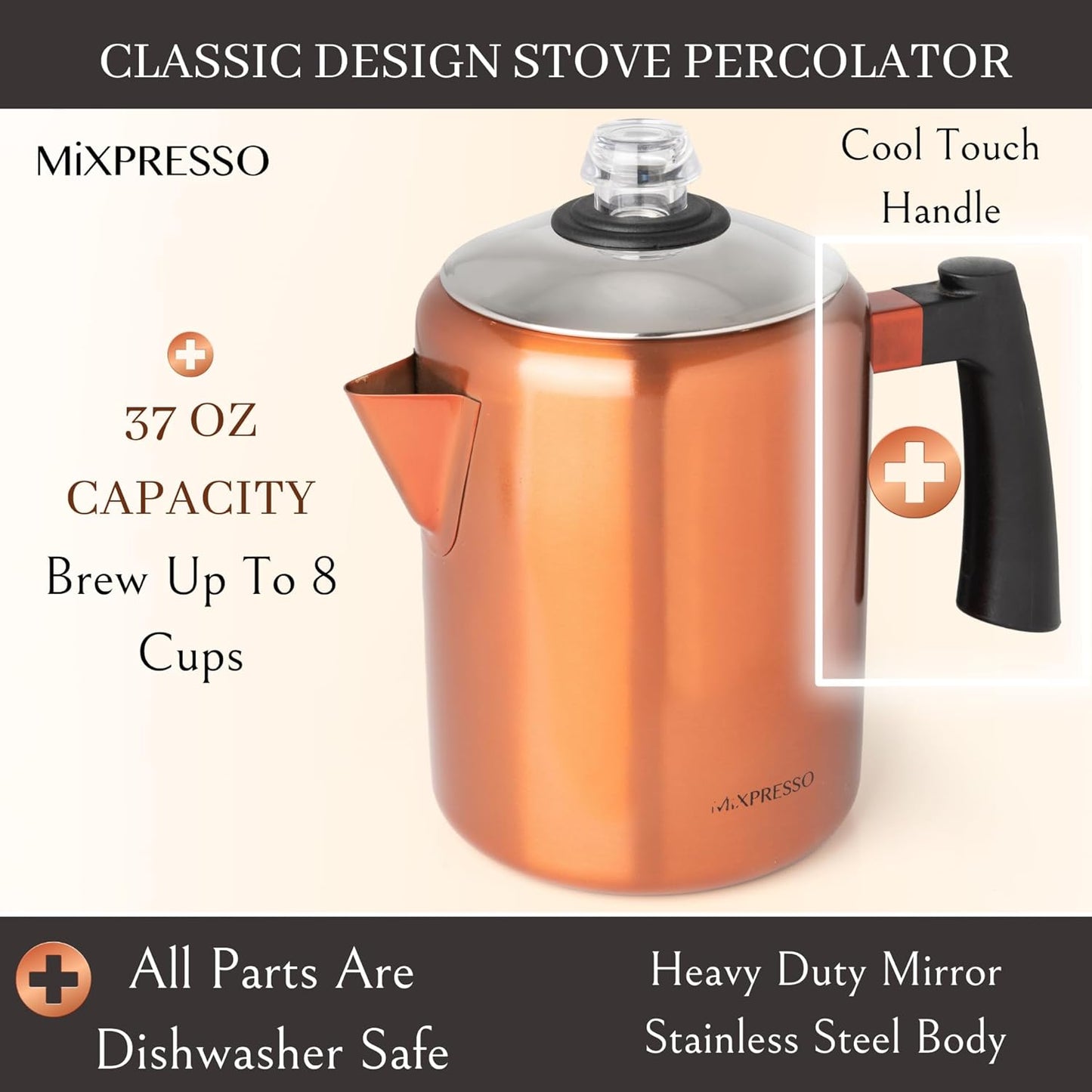 Mixpresso 37oz Stainless Steel Stovetop Coffee Percolator, 5-8 Cup Copper Coffee Pot for Camping
