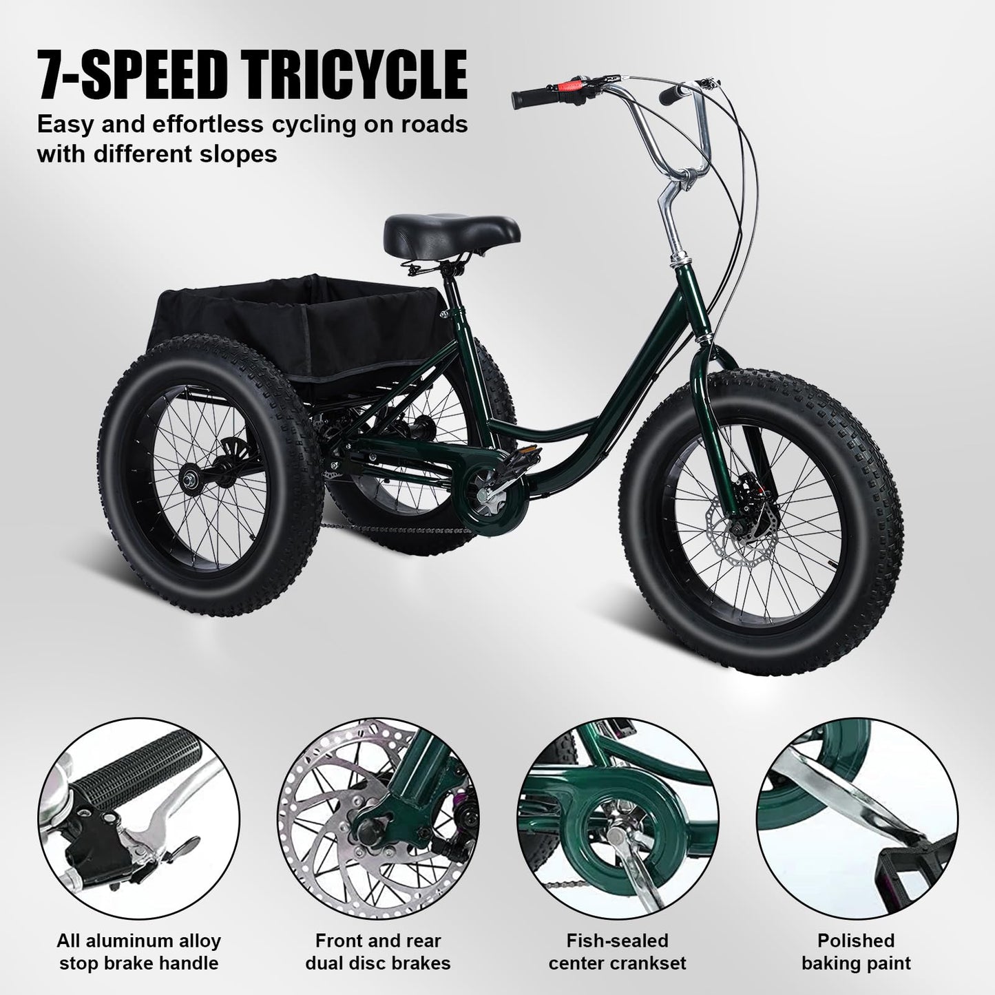 LEAQU 3 Wheel Bikes for Adults, 20 Inch Adult Tricycle, Three Wheel Bikes for Adults, 7 Speed Tricycle with Double Disc Brake, Fat Tire Bike with Spacious Shopping Basket, Black