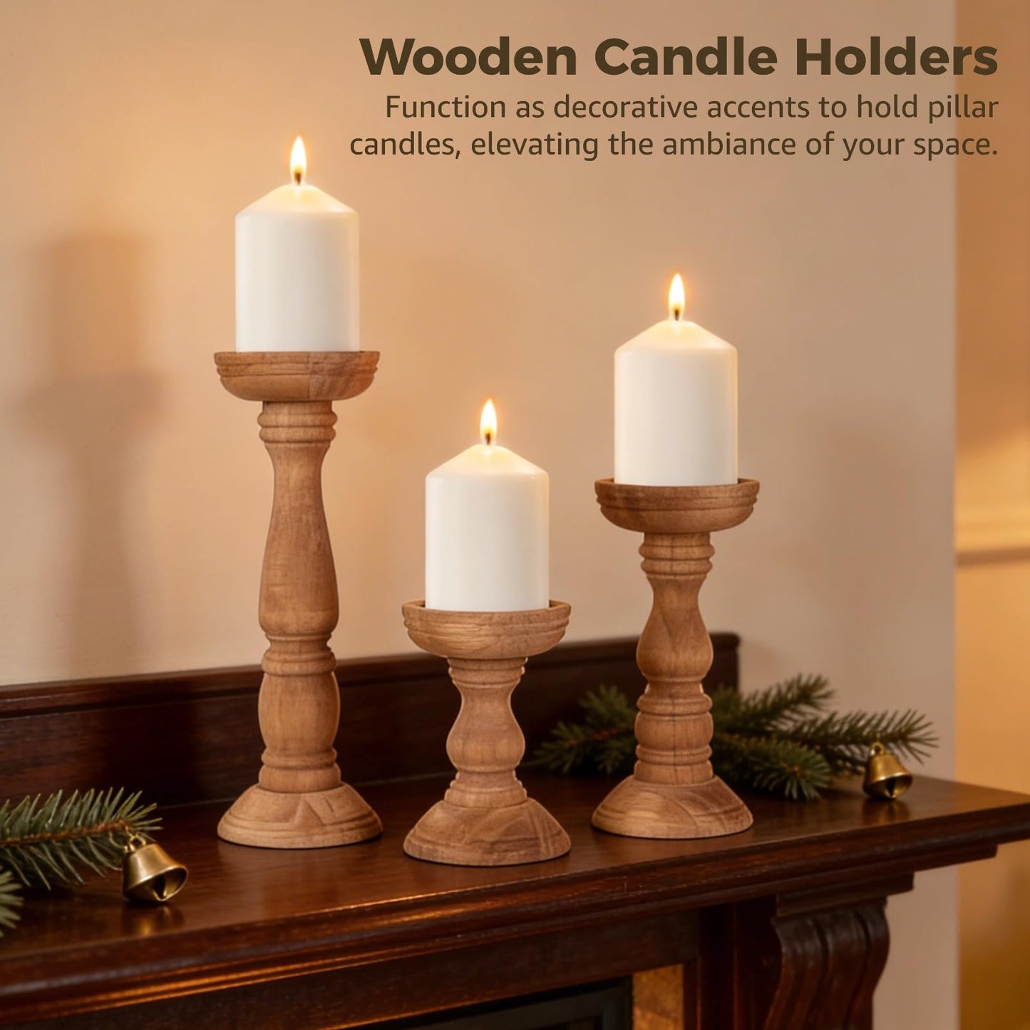 Set of 3 Farmhouse Wooden Candle Holders for Pillar Candles, Rustic Candle Stand Table Centerpiece Decor with Height Variety for Living Room, Fits 3-Inch Candles
