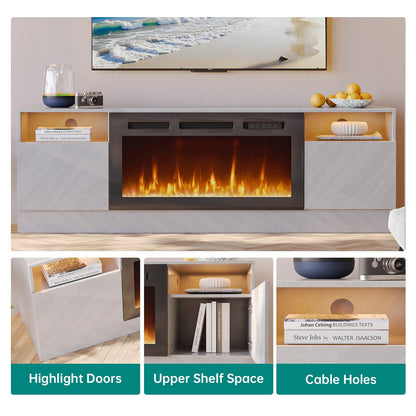 MXV 80" Fireplace TV Stand for TVs Up to 90", LED Light Entertainment Center with 36" Electric Fireplace, Modern Wood Texture TV Media Console with Highlight Storage Cabinet, Grey-Black