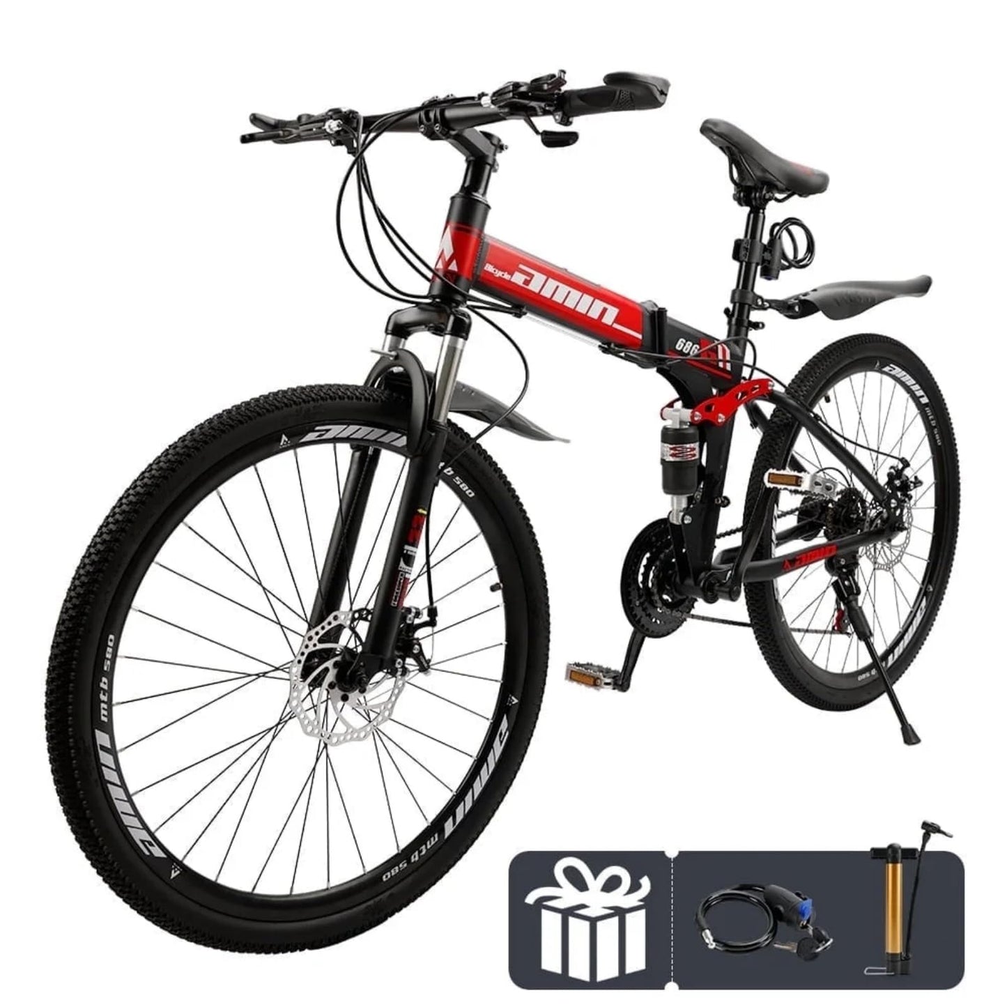Bruce & Shark 26" Folding Mountain Bike for Men, 21 Speeds Full Suspension Commuter Bicycle, High Carbon Steel & Disc Brakes, Portable City Outdoor Bike for Adult Youth Teen