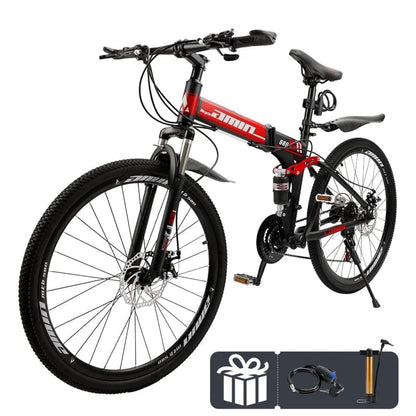 Bruce & Shark 26" Folding Mountain Bike for Men, 21 Speeds Full Suspension Commuter Bicycle, High Carbon Steel & Disc Brakes, Portable City Outdoor Bike for Adult Youth Teen