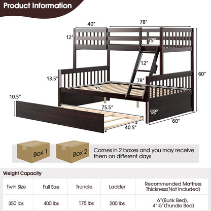 Giantex Twin Over Full Bunk Bed with Trundle, Convertible Platform Bed Frame with Ladder, Solid Wood Frame & Safety Guardrails, Space-Saving Bunk Bed for Teens & Kids, No Box Spring Needed, Espresso