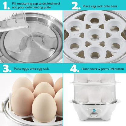 Elite Gourmet 2-Tiered Egg Cooker - Rapid 5-Egg Poacher for Soft, Medium, Hard-Boiled Eggs | BPA Free, White