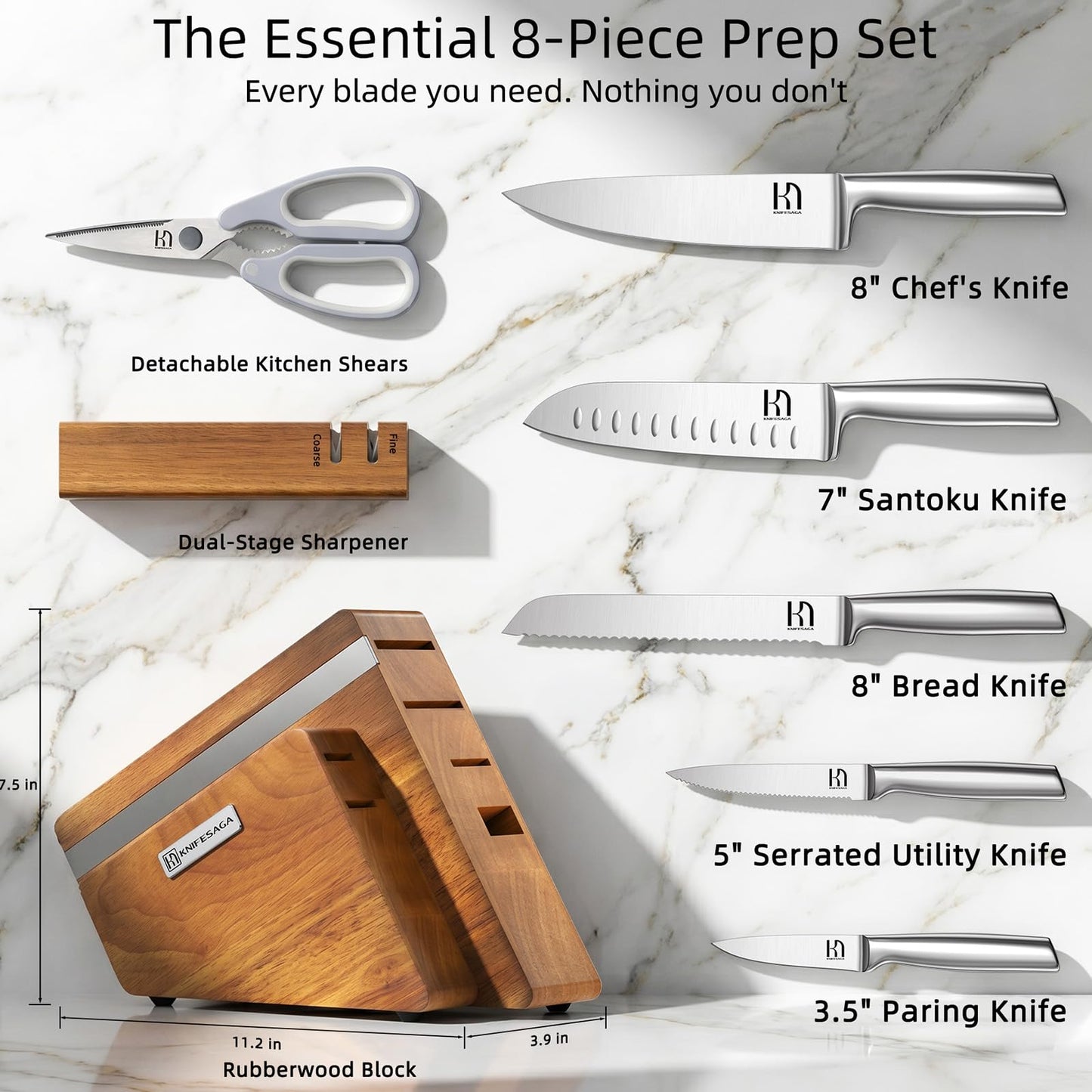 KnifeSaga Kitchen Knife Set with Block and Detachable Sharpener | 8-Piece High Carbon Stainless Steel Knife Block Set, Fully Forged Blades & Compact Design