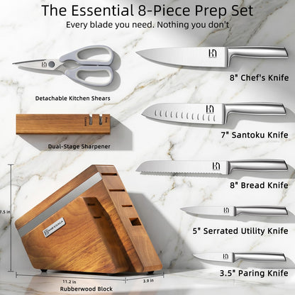 KnifeSaga Kitchen Knife Set with Block and Detachable Sharpener | 8-Piece High Carbon Stainless Steel Knife Block Set, Fully Forged Blades & Compact Design