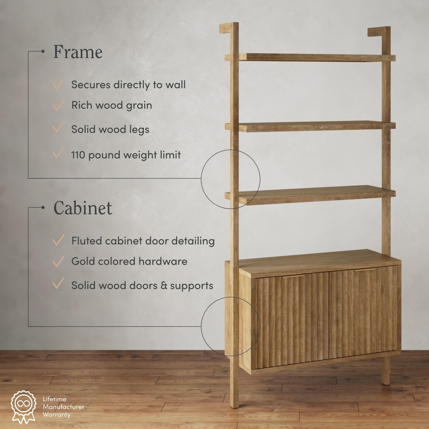 Nathan James Jasper 3-Shelf Solid Wood Boho Bookshelf, Wall Mounted Bookshelf with Cabinet with Fluted Doors, Light Brown, Set of 2