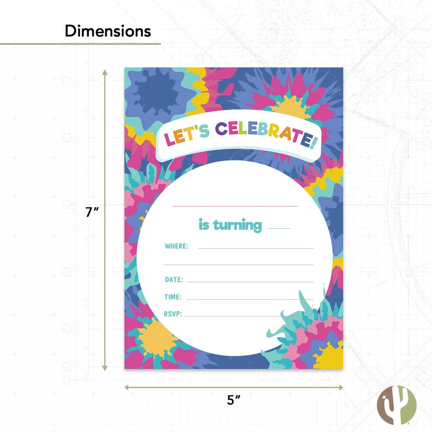 Desert Cactus Tie Dye Happy Birthday Invitations, Style 2 Invite Cards (10 Count) with Envelopes