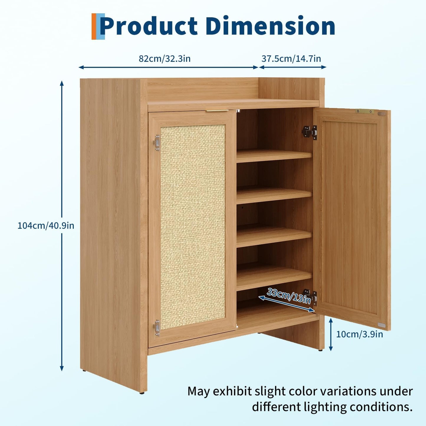 MERXENG Rattan Shoe Cabinet for Entryway, Wooden Shoe Storage Cabinet with Adjustable Shelves, Freestanding Shoe Rack with Guardrail Top for Hallway & Living Room, Dark Oak