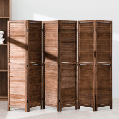 6 Panel Wood Room Divider 5.75 Ft Tall Privacy Wall Divider Folding Wood Screen 68.9" x 15.75" Each Panel for Home Office Bedroom Restaurant （Brown）