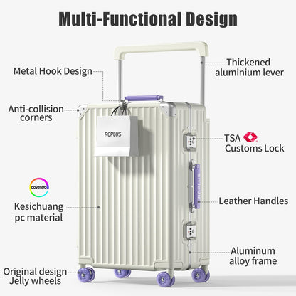 ROPLUS Aluminium Frame Checked-Luggage with Smooth Jelly Wheels, Hardside Zipperless Rolling Suitcase with TSA Lock (WhitePurple, 28-Inch)