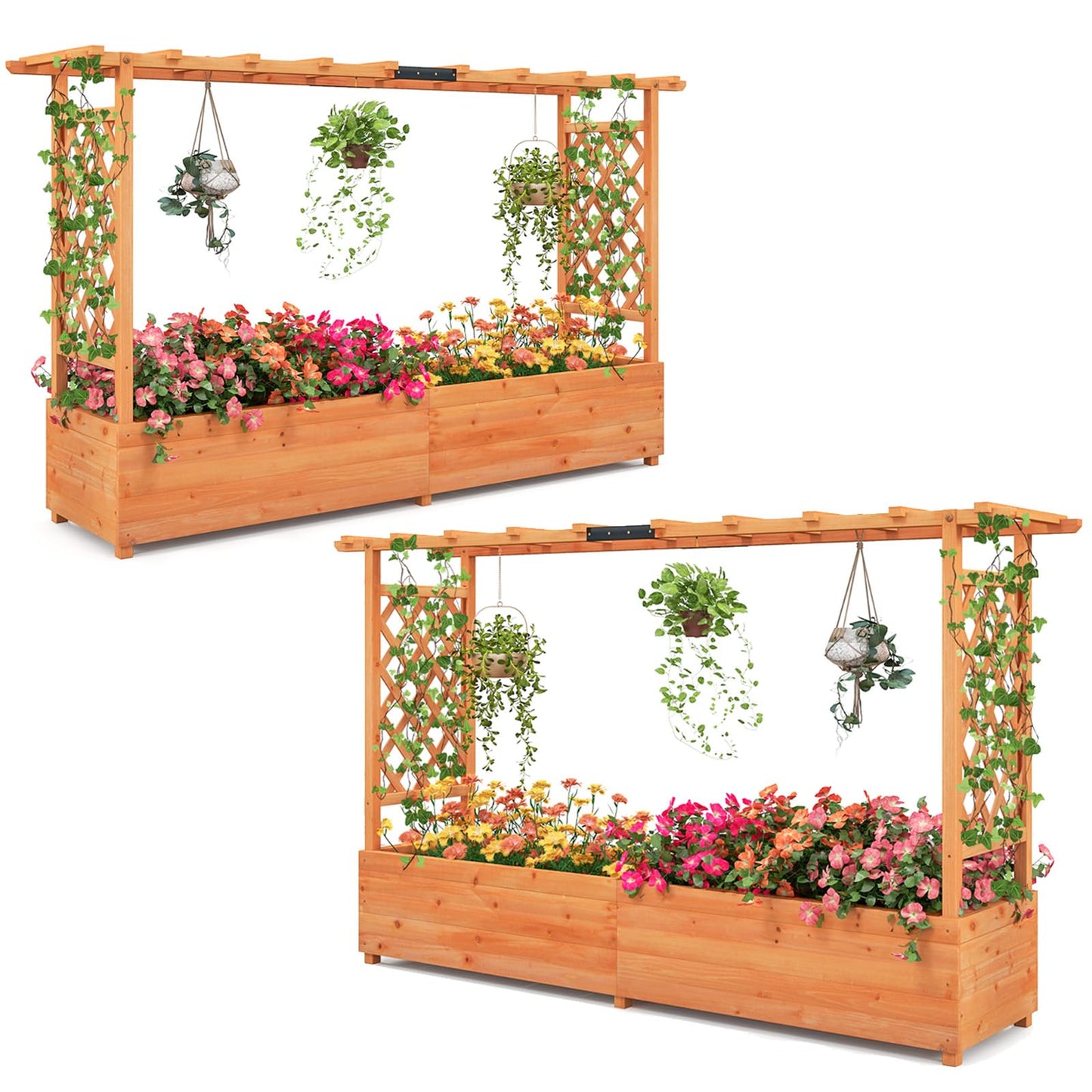 Giantex 2 Pcs Raised Garden Bed with Trellis & Hanging Roof, Wood Planter Box with Bottom & Drainage Holes, Freestanding Garden Planter for Flower Fruit Vegetable Herb Climbing Vine (77"x14.5"x45")
