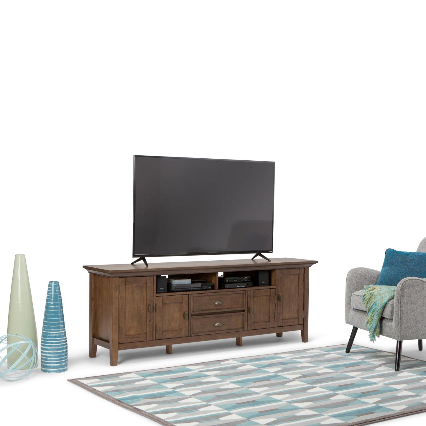 SIMPLIHOME Redmond TV Stand - 72 inch Wide Solid Wood Media Console in Rustic Natural Aged Brown, Transitional Entertainment Center for Living Room for TVs up to 80 Inches with Cable Management
