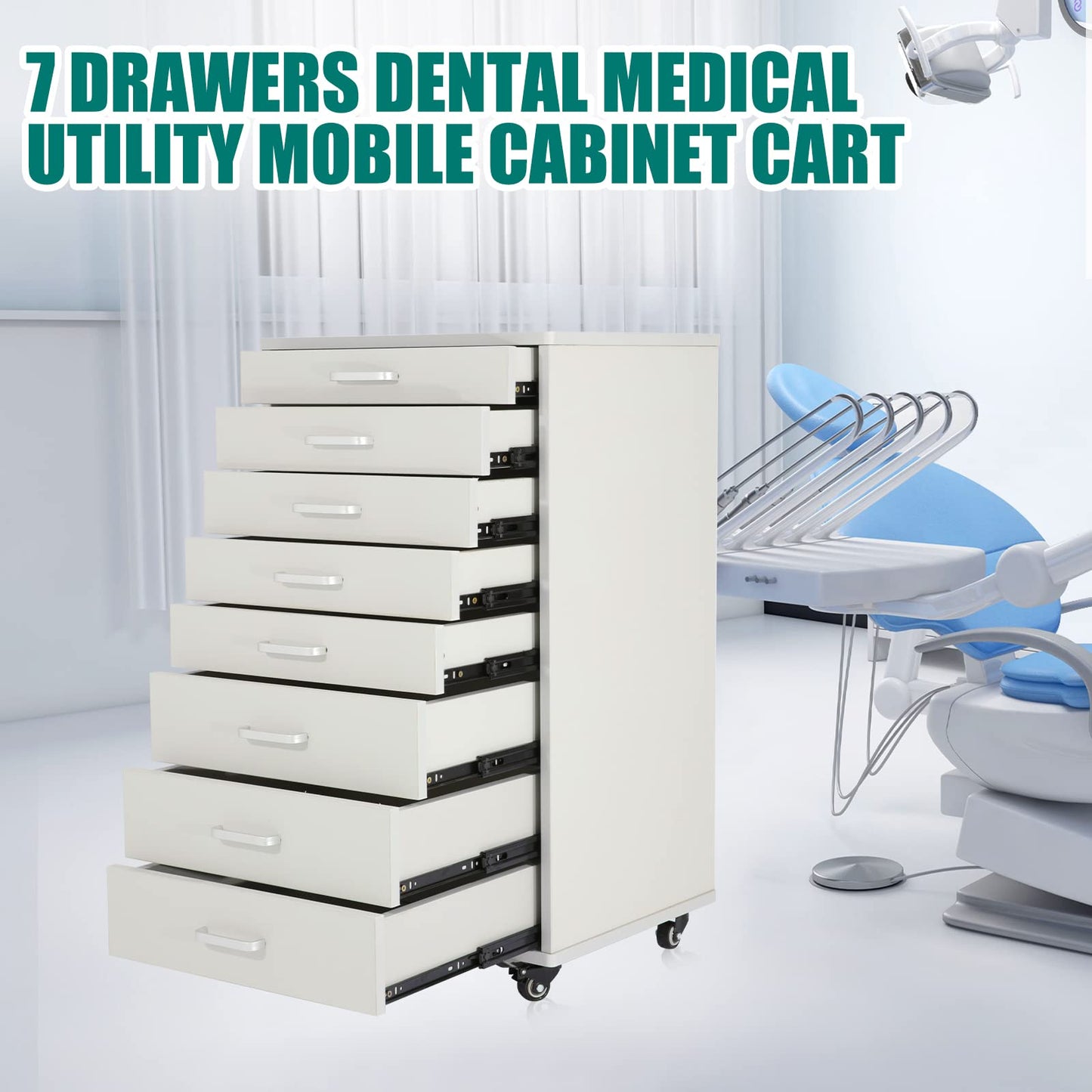 Medical Dental Assistant's Mobile Cabinet Alabama Cart Utility Cart 7 Drawer with Handle, Easy to Pull Out and Push Back. White