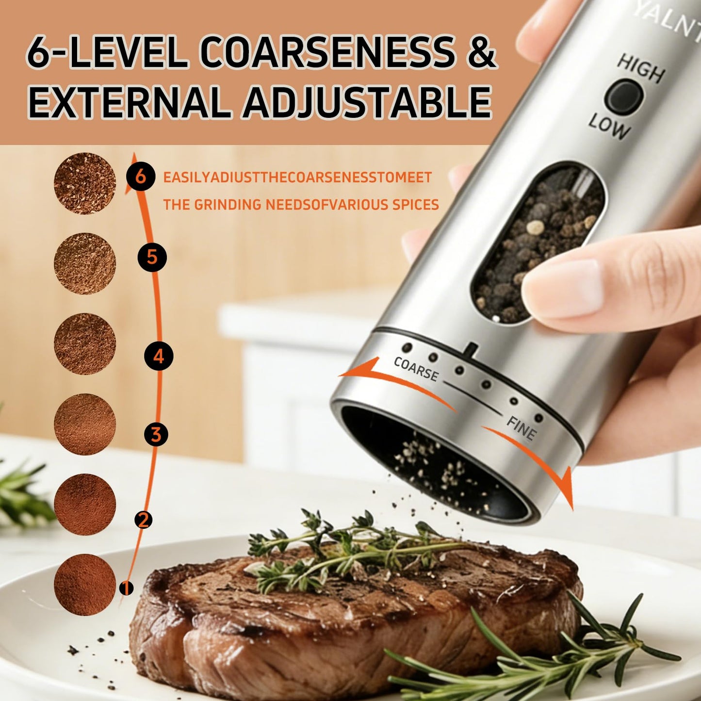 RYALNTC Electric Salt and Pepper Grinder Set with Rechargeable Base Upgraded Stainless Steel Automatic Salt and Pepper Shakers,Upgraded 2-Speed Setting,External 6 Adjustable Coarseness with LED Light