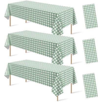 3Pcs Sage Green Gingham Birthday Party Tablecloth Decorations,Green White Checkered Plastic Table Cover Disposable Rectangle Plaid Table Cloth for Baby Shower Kids Wedding Party Supplies,54x108 Inch