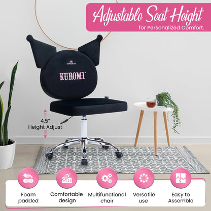 Impressions Vanity Kuromi Swivel Vanity Chair with Wheels | Adjustable Height Silver Metallic Base 360-Degree Spin Armless Padded Cute Velvet Makeup Vanity Chair | Cute Desk Chair for Bedroom, Black