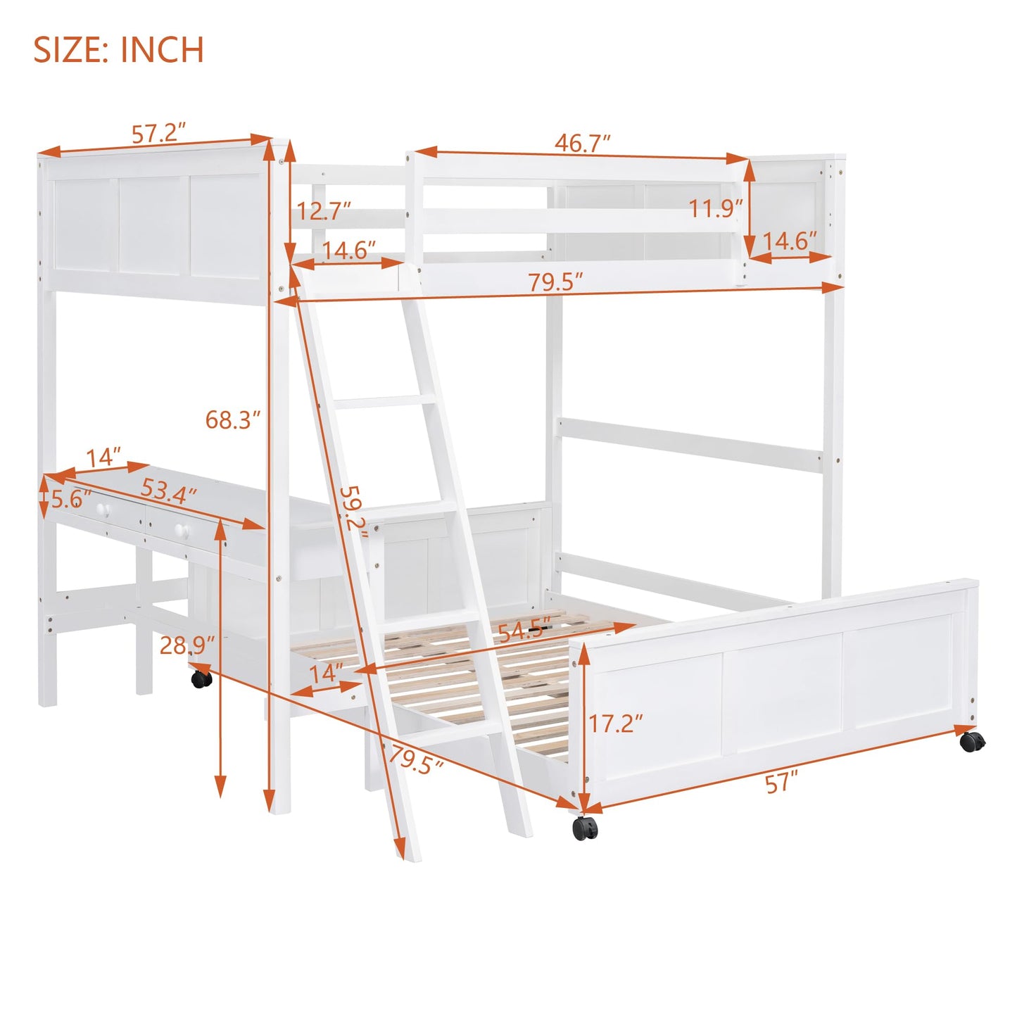 Full Over Full Bunk Beds with Desk, Wood Full Loft Bed Frame with Desk and A Stand-Alone Bed, L-Shaped Bunk Bed for Kids, Teens, Adults (Bottom Bed Can Be Moved, White)