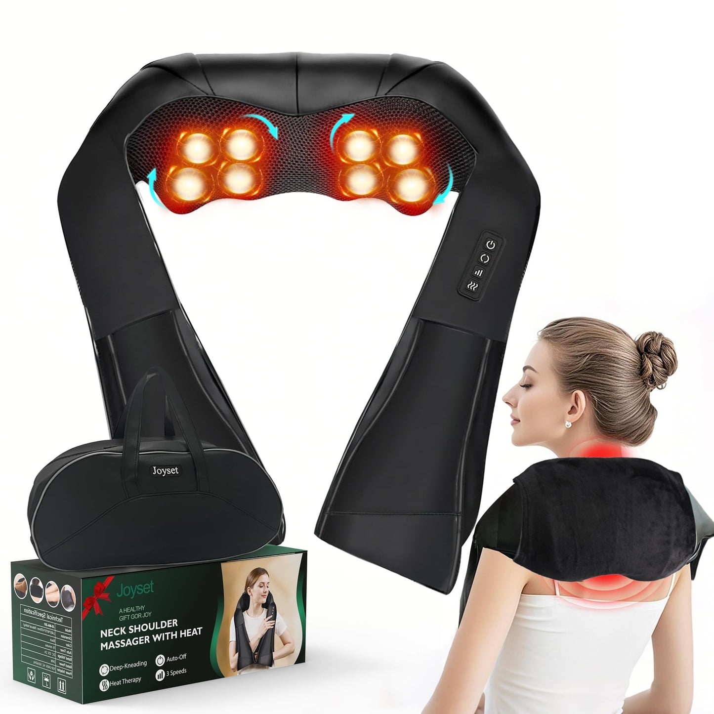 Joyset Shiatsu Neck and Back Massager with Heat,Electric Shoulder Massager for Pain Relief Deep Tissue,3D Kneading Massage with Cloth Cover Easy to Clean Best Gift for Men Women Parents