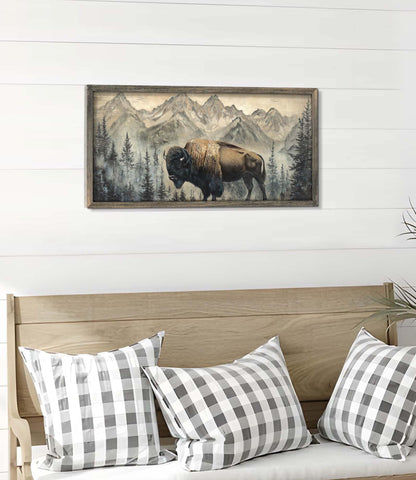 Wildlife Wall Art Framed Decor: Wild Animal Wood Print Decoration Buffalo Bison Picture Rustic Nature Woodland Painting Artwork for Cabin Bathroom Living Room 24 x 12 Inch