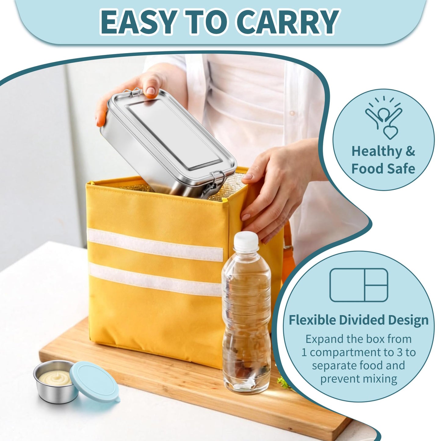 TeamFar Stainless Steel Bento Box, 47oz/1400ml Metal Lunch Box with Condiment Container for Adults/Kids, 3 Compartment Food Storage Container for School/Work, Leak-Proof & Dishwasher Safe, Blue