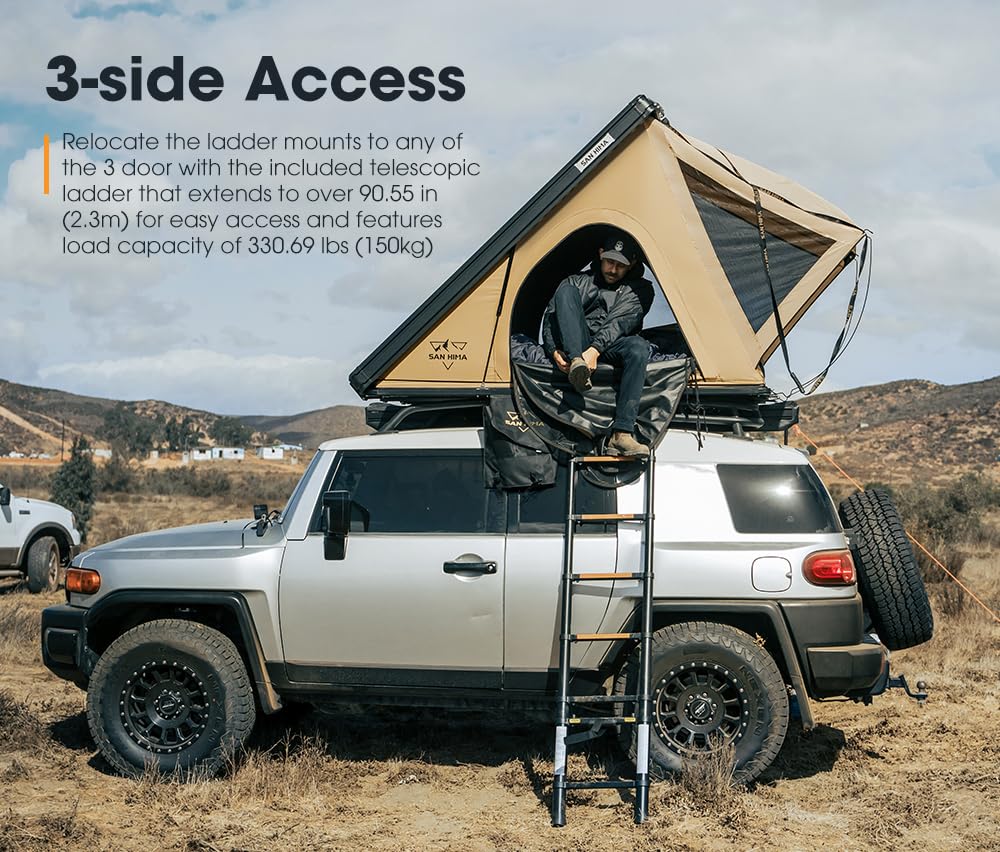 Sanhima Rooftop Tent Hard Shell - Hotham Lite Overland Aluminium Roof Top Tent 4.56" Slimline, w/Tri-Color LED Strip Light & 1.97” Thick Mattress, for Car SUV Truck Camping, 2-3 People Tent (Khaki)