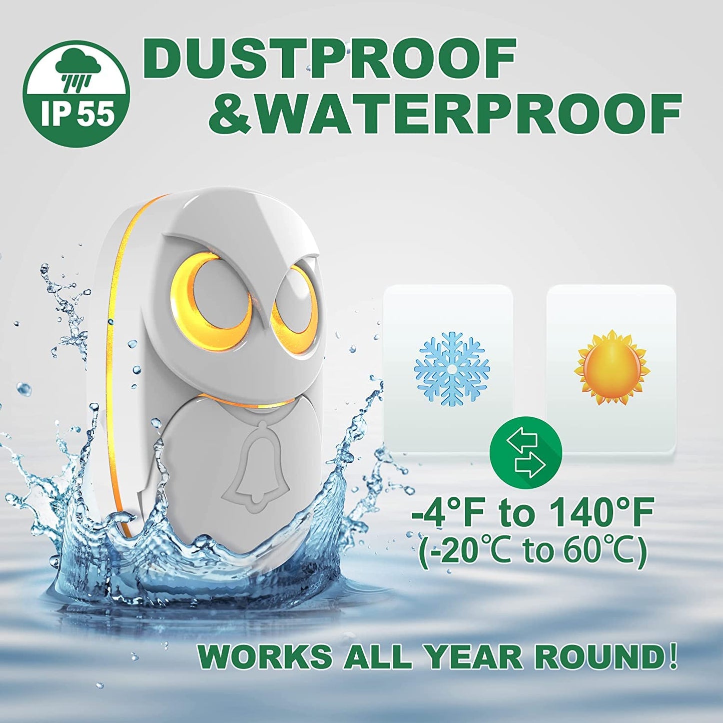 Wireless Doorbell, Cute Owl Doorbell Weatherproof IP55 Outdoor Remote Push Button- 1000 Feet Long Wireless Range, 1 Receiver + 1 Transmitter, Black