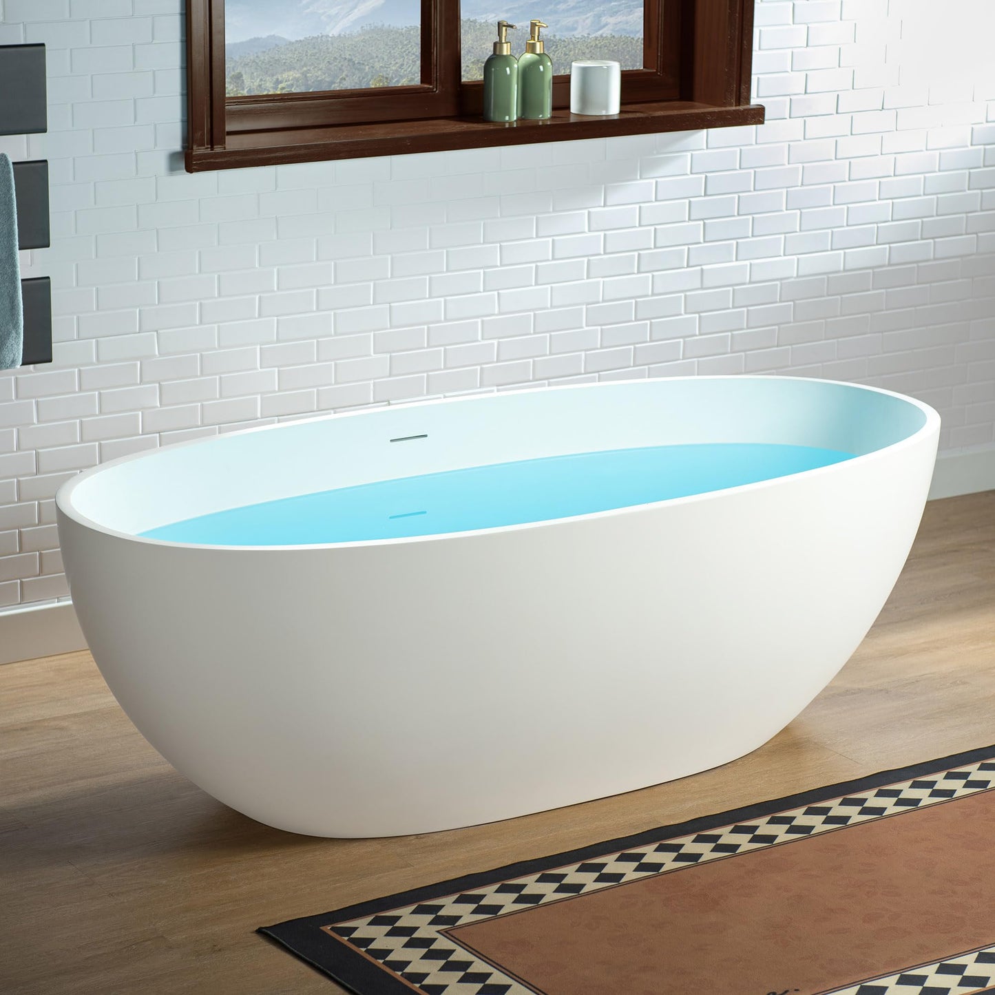 WOODBRIDGE 67" Stone Resin Freestanding Soaking Tub, Modern Oval Solid Surface Bathtub with Integrated Slotted Overflow & Drain, Matte White