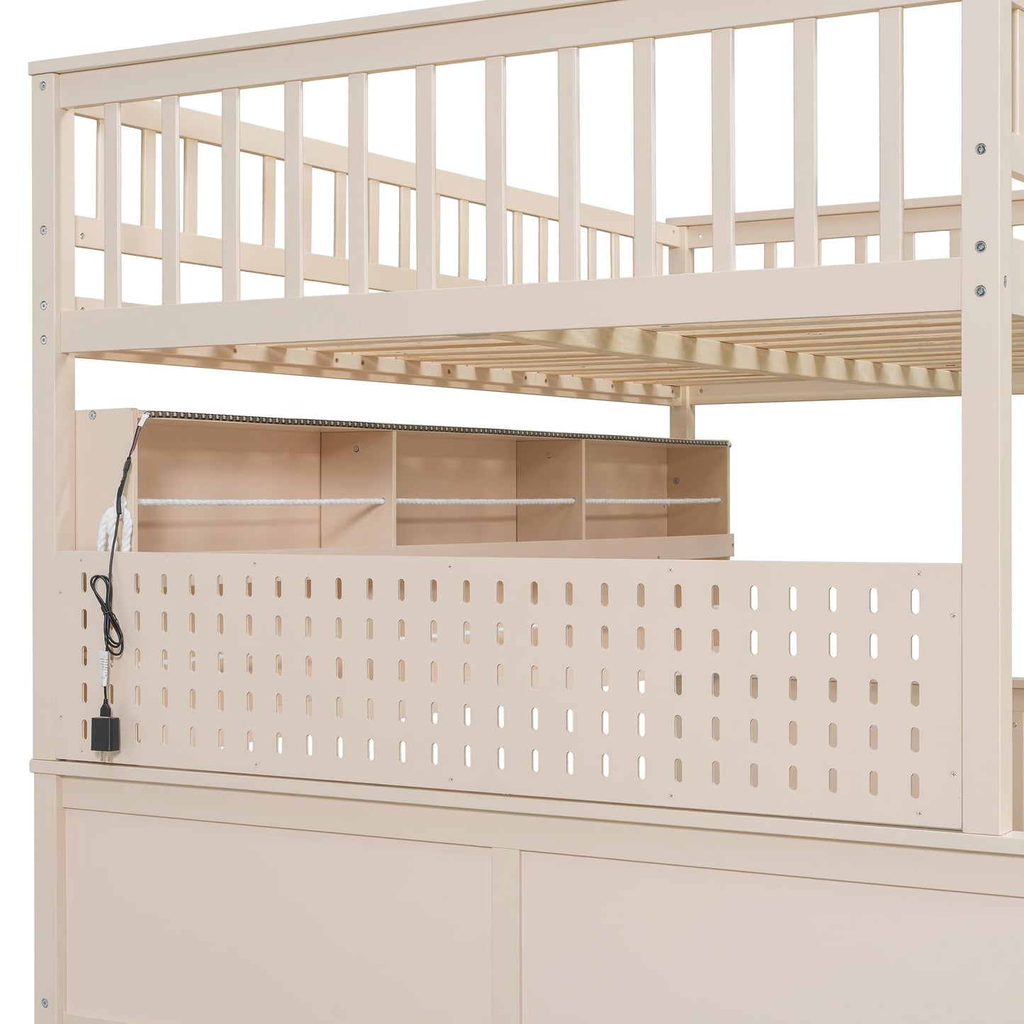 Merax Full XL Over Queen Wood Bunk Bed Frame with Integrated Side Storage Shelves and Anti Falling Rope, Color-Changing Lights, Pegboard, Safe Guardrail and Ladder, for Teens, Adults, Guests (Beige)