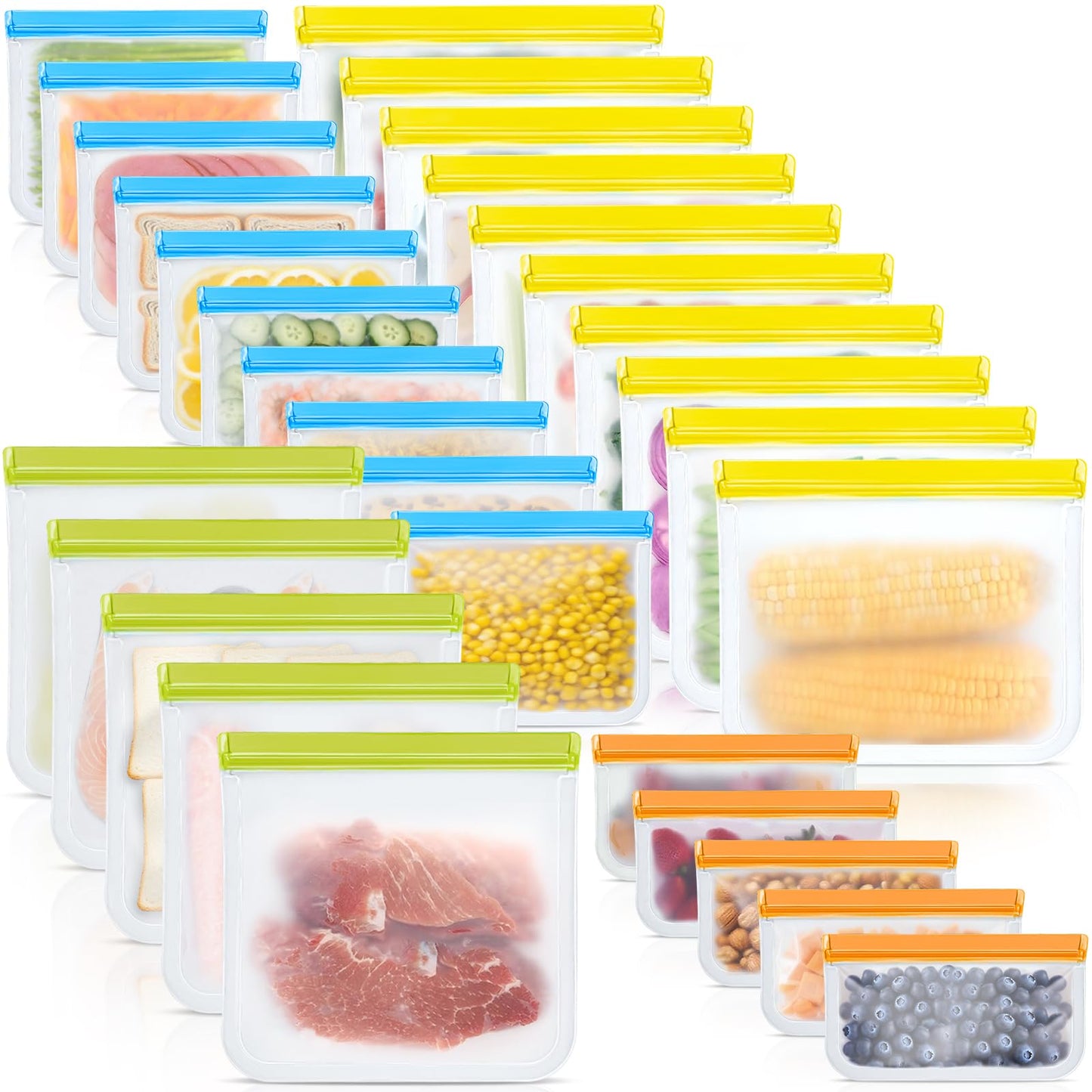 30 Pack Reusable Silicone Food Storage Bags, 4 Size Leak proof Dishwasher Safe Reusable Freezer Bag for Food Storage Containers Lunch Bags for Sandwich, Marinate Meat, Fruit