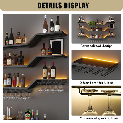 47.2in Modern LED Wine Rack Wall Mounted, 3-Tier Floating Bar Shelves with Wine Glass Rack, Large Hanging Liquor Shelf Wall Mounted, for Home Bar Dining Room Cafe Decorative (Black, 47.2in/120cm)