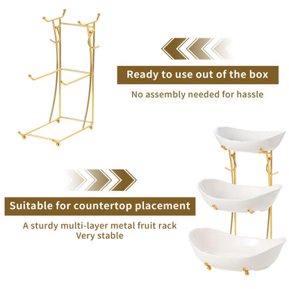 Leijosya Elegant 3-Tier Ceramic Serving Bowl Set with Gold Stand, White Decorative Display Bowls for Fruits, Desserts, Appetizers