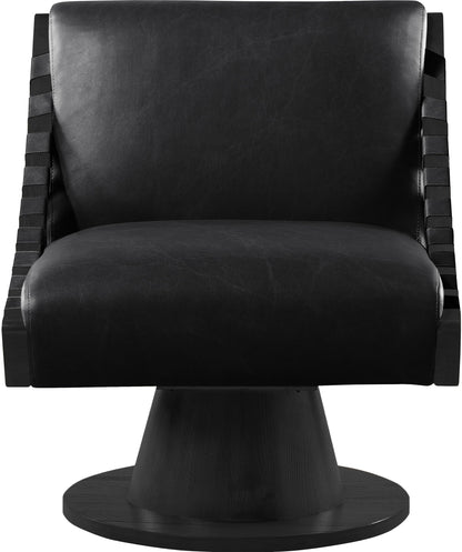 Meridian Furniture 33002Black Millwin Collection Art Deco Swivel Accent Chair with Rich Black Vegan Leather, Black Finish, Solid Wood Frame and Base, 28" W x 30" D x 32.5" H, Black